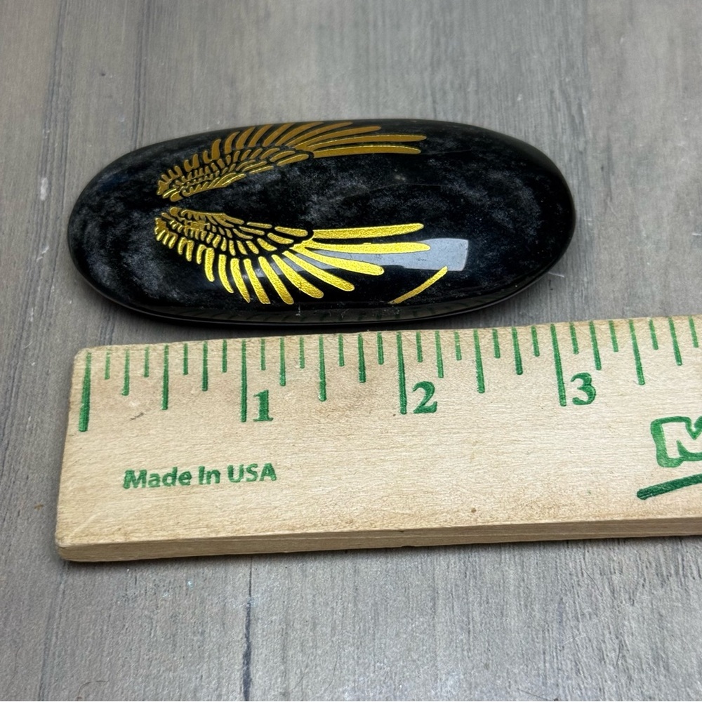 Silver Sheen Black Obsidian Palm Stone W/ Gold Etched Angel Wings Crystal - Picture 2 of 6